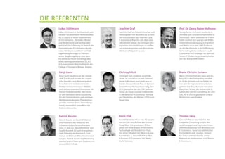 Prof. Dr. Georg Rainer Hofmann
Lukas Bühlmann
Lukas Bühlmann ist Rechtsanwalt und
Inhaber von Bühlmann Rechtsanwälte
AG in Zürich. Er berät Unternehmen
im E-Commerce-, Vertriebs-, Werbe-
und Medienrecht und verfügt über
beträchtliche Erfahrung im Bereich des
internationalen E-Commerce-Rechts.
Lukas Bühlmann publiziert und hält
regelmässig Vorträge zu Themen
seiner Tätigkeitsgebiete, insb. dem
E-Commerce-Recht. Er verfügt über
einen Nachdiplomabschluss (LL.M.)
in Europäischem Wirtschaftsrecht des
College of Europe in Brügge, Belgien.
Joachim Graf
Joachim Graf ist Zukunftsforscher und
Herausgeber von iBusiness.de. Er hilft
den Entscheidern der Internet- und
E-Commerce-Branche seit über zwei
Jahrzehnten dabei, die richtigen stra-
tegischen Entscheidungen zu treffen,
um in konvergenten und disruptiven
Märkten erfolgreich zu sein.
				
		
Georg Rainer Hofmann studierte In-
formatik und Volkswirtschaftslehre in
Darmstadt. Nach Stationen im Fraun-
hofer-Institut IGD und bei der KPMG
Unternehmensberatung in Frankfurt
und Berlin ist er seit 1996 Professor
an der Hochschule in Aschaffenburg.
Seine Lehrgebiete umfassen u.a. E-
Commerce und Strategie der betrieb-
lichen IT. Zudem ist er Gesellschafter
bei der design3000 GmbH.
				
		
Christoph Kalt
Christoph Kalt studierte Jura in Bo-
chum. Im Anschluss an sein Referen-
dariat in Bochum und Leeds war er
bei der Discountkette Plus im Bereich
Gewerblicher Rechtsschutz tätig. Seit
2010 betreut er bei der CBR Fashion
Group als Legal Counsel insbesonde-
re die Bereiche eCommerce, Vertrieb
und Marketing der Marken CECIL und
Street One.
Marie-Christin Kamann
Marie-Christin Kamann baut seit An-
fang 2013 den Onlineshop windeln.
ch in der Schweiz auf, nachdem Sie
vier Jahr Ihr eigenes Unternehmen
geleitet hat. Frau Kamann hat einen
Abschluss lic.oec. der Universität St.
Gallen, bei Gemini Consulting AG und
UBS AG in Zürich gearbeitet und ist
Mutter von zwei Kindern.
				
		
Patrick Kessler
Patrick Kessler ist Geschäftsführer
und Präsident des Verbands des
Schweizerischen Versandhandels
(vsv). Er war u.a. Geschäftsführer von
Quelle Versand AG und ist regelmäs-
siger Referent an diversen E-Com-
merce- und Versandhandelsveranstal-
tungen. Patrick Kessler hat Marketing
studiert und schloss sein Studium mit
einem MBA HSG ab.
Kevin Klak
Kevin Klak ist bei Wear-Lite AG verant-
wortlich für den Aufbau des Online-
Shop. Wear-Lite produziert Brillen-
gläser mit einer eigens entwickelten
Technologie am Standort in Cham.
Vor seiner Tätigkeit bei Wear-Lite war
Kevin Klak u.a. Geschäftsführer Mul-
tichannel / E-Commerce bei Media
Markt Schweiz.
				
		
Thomas Lang
Geschäftsführer und Inhaber der
Carpathia Consulting GmbH, der
unabhängigen und neutralen Unter-
nehmensberatung für E-Business und
E-Commerce. Autor von zahlreichen
Fachartikeln und -studien, Dozent
für Onlinevertriebskanäle sowie
Referent an Konferenzen zum Thema
E-Commerce.
				
		
die Referenten
Kenji Izumi
Kenji Izumi studierte an der Univer-
sität Zürich und erwarb das zugeri-
sche Anwalts- und Notariatspatent.
Er ist Referent im Sekretariat der
Wettbewerbskommission (WEKO)
und stellvertretender Dienstleiter im
Dienst Produktemärkte. Herr Izumi
ist seit mehreren Jahren zuständig
für die Uhrenindustrie und vertikale
Wettbewerbsabreden (Preisbindun-
gen der zweiten Hand, Vertriebssys-
teme), namentlich betreffend die
Elektronikbranche.
 