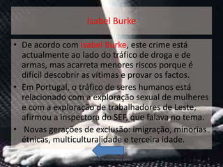Isabel Burke

• De acordo com Isabel Burke, este crime está
  actualmente ao lado do tráfico de droga e de
  armas, mas acarreta menores riscos porque é
  difícil descobrir as vítimas e provar os factos.
• Em Portugal, o tráfico de seres humanos está
  relacionado com a exploração sexual de mulheres
  e com a exploração de trabalhadores de Leste,
  afirmou a inspectora do SEF, que falava no tema.
• Novas gerações de exclusão: imigração, minorias
  étnicas, multiculturalidade e terceira idade.
                   Tráfico Humano-vera santos    7
 