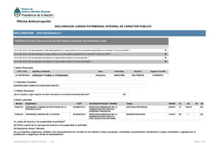 DECLARACIÓN : 2015 Rectificativa 4
1 Datos Personales
CUIT / CUIL Apellido y Nombre/s Sexo Fecha Nac. Est.Civil Ingreso a la APN
27-28159195-4 VERASAY PAMELA FERNANDA Femenino 26/04/1980 SOLTERO/A 01/05/2014
1.1 Estudios Cursados
UNIVERSITARIO COMPLETO-CONTADOR PUBLICO
Identificación de los motivos por los que está obligado a presentar esta Declaración Jurada
En el año 2016 ¿Ha desempeñado o está desempeñando un cargo público por el cual queda comprendido en el artículo 2° de la Ley 26.857 ? SI
En el año 2015 ¿Ha desempeñado un cargo público por el cual queda comprendido en el artículo 2° de la Ley 26.857? SI
En el año 2015 ¿Se ha postulado para ejercer un cargo público electivo y fue proclamado ? SI
En el año 2015 ¿Se ha postulado para ejercer un cargo público electivo y no fue proclamado ? SI
1.2 Retiro Voluntario
¿Se ha acogido a algún régimen de retiro voluntario en el ámbito del Estado Nacional? NO
2 Datos Laborales
Sector Organismo CUIT Actividad Principal / Ambito Cargo Desde (1) (2) (3) (4)
PUBLICO HONORABLE CAMARA DE DIPUTADOS DE LA
PROVINCIA DE M
30-99927103-7 SERVICIOS GENERALES DE LA
ADMINISTRACIÓN PÚBLICA /
GOBIERNO PROVINCIAL
DIPUTADA PROVINCIAL 05/2014 SI 12/2015 NO
PUBLICO HONORABLE SENADO DE LA NACION 30-62355199-3 SERVICIOS GENERALES DE LA
ADMINISTRACIÓN PÚBLICA /
POD.LEGISLATIVO NACIONAL
SENADOR NACIONAL 12/2015 NO ---- NO
(1) ¿Goza de licencia o ha suspendido la actividad?
(2) Fecha a partir de la cual goza de licencia o ha suspendido la actividad
(3) Dedicación Horas / Semana
(4) ¿La empresa, organismo, entidad o Ud. personalmente es o ha sido en los últimos 3 años, proveedor, contratista, concesionario, beneficiario o sujeto controlado o regulado por la
jurisdicción u organismo donde se desempeña/o?
Página 1 de 5Fecha de Emisión: 31/05/2016 18:19:20 v: 104
Oficina Anticorrupción
DECLARACION JURADA PATRIMONIAL INTEGRAL DE CARACTER PUBLICO
 