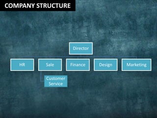 COMPANY STRUCTURE
Director
HR Sale
Customer
Service
Finance Design Marketing
 