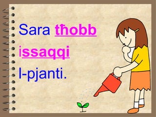 Sara  t ħ obb   i ssaqqi   l-pjanti. 