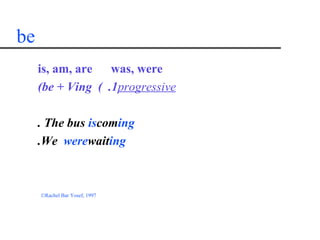 be
     is, am, are was, were
     (be + Ving ( .1progressive

     . The bus iscoming
     .We werewaiting



     ©Rachel Bar Yosef, 1997
 