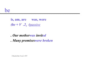be
     is, am, are was, were
     (be + V .23 (passive


     . Our motherwas invited
     . Many promiseswere broken



     ©Rachel Bar Yosef, 1997
 