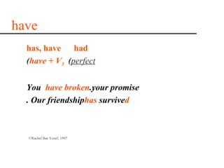 have
  has, have had
  (have + V3 (perfect


  You have broken.your promise
  . Our friendshiphas survived



  ©Rachel Bar Yosef, 1997
 