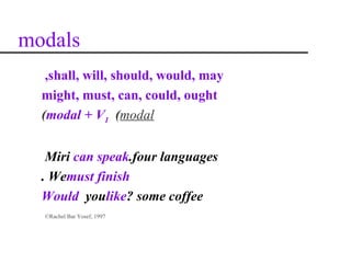 modals
   ,shall, will, should, would, may
  might, must, can, could, ought
  (modal + V1 (modal


   Miri can speak.four languages
  . Wemust finish
  Would youlike? some coffee
  ©Rachel Bar Yosef, 1997
 