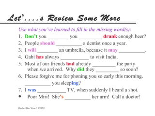 Let’....s Review Some More
  Use what you’ve learned to fill in the missing word(s):
  1. Don’t you ________ you _________ drunk enough beer?
  2. People should __________ a dentist once a year.
  3. I will ________ an umbrella, because it may __________.
  4. Gabi has always ___________ to visit India.
  5. Most of our friends had already _________ the party
       when we arrived. Why did they _________ so soon?
  6. Please forgive me for phoning you so early this morning.
     __________ you sleeping?
  7. I was ___________ TV, when suddenly I heard a shot.
  x    Poor Miri! She’s __________ her arm! Call a doctor!

  Rachel Bar Yosef, 1997©
 
