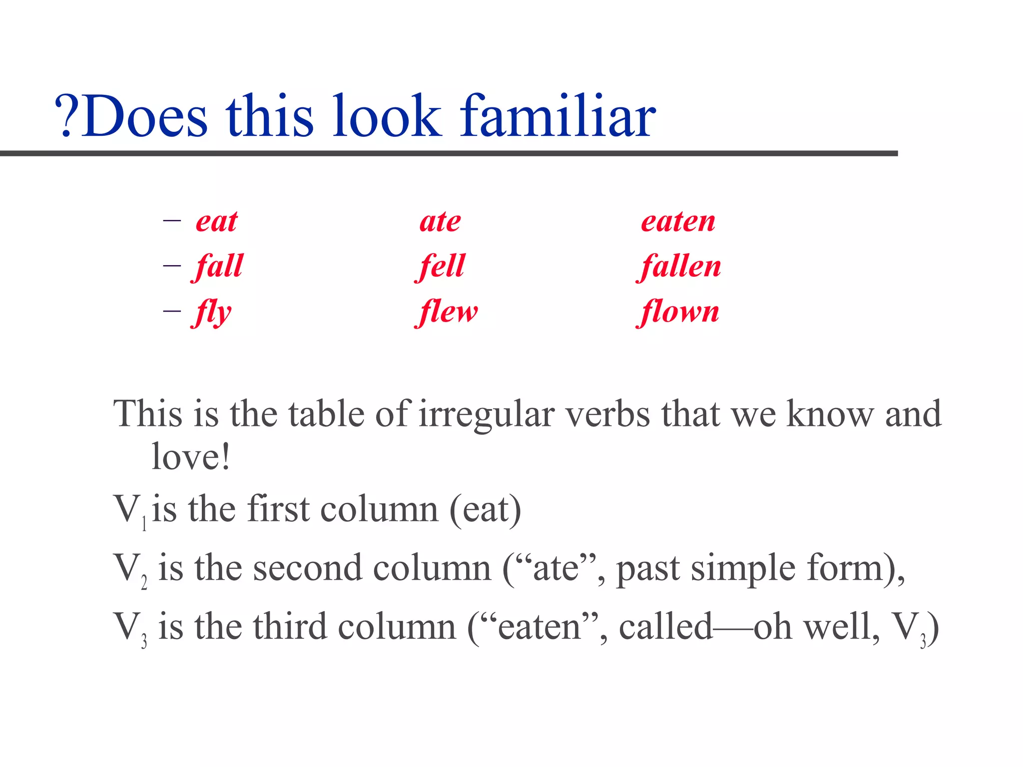 ?Does this look familiar
     – eat           ate           eaten
     – fall          fell          fallen
     – fly           flew          flown


  This is the table of irregular verbs that we know and
     love!
  V1 is the first column (eat)
  V2 is the second column (“ate”, past simple form),
  V3 is the third column (“eaten”, called—oh well, V3)
 