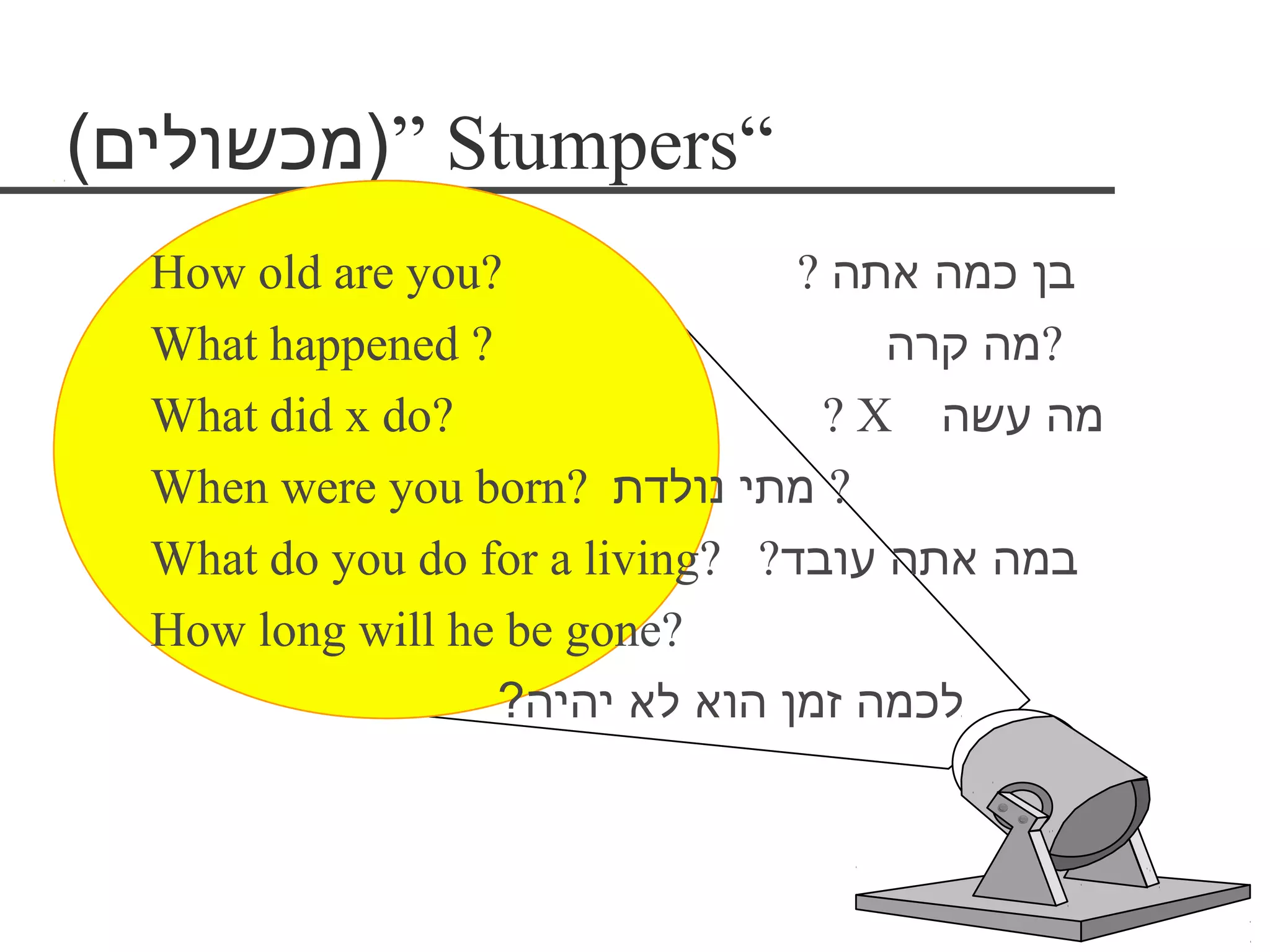 (‫ ”(מכשולים‬Stumpers“
  How old are you?               ? ‫בן כמה אתה‬
  What happened ?                    ‫?מה קרה‬
  What did x do?                  ? X ‫מה עשה‬
  When were you born? ‫? מתי נולדת‬
  What do you do for a living? ?‫במה אתה עובד‬
  How long will he be gone?
                  ?‫לכמה זמן הוא לא יהיה‬
 