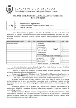 COMUNE DI GIOIA DEL COLLE
Servizio Organizzazione – Gestione Risorse Umane
VERBALE DI RIUNIONE DELLA DELEGAZIONE TRATTANTE
N. 11 ANNO 2013

o.d.g.





Nuova struttura organizzativa;
Ripartizione Fondo Risorse Decentrate anno 2013;
Varie ed eventuali.

L’anno duemilatredici, il giorno 17 del mese di settembre alle ore 10,25 nella sede
municipale, si è riunita a seguito di convocazione la delegazione trattante presieduta dal Dott.
Giuseppe Dioguardi – Segretario Generale – con la presenza dei componenti di cui al seguente
prospetto:
Rappresentanti parte pubblica
Dirigente IV Settore

Pres.

Ass.

x

Rappresentanti parte sindacale

Pres.

Cantore Giulia
Cantore Isabella
Plantamura Rocco
Castellaneta Filippo
Larizza Anna Maria

RSU

Lavarra Giovanna

Ass.

x
x
x
x
x
x
x

Russo Giuseppina

RAPPRESENTANTI TERRITORIALI
Lonigro Luigi

FP CGIL

Capodiferro Francesco

CISL FP

Centrone Paolo

UIL FPL

Castellana Anna Stella

CONFSAL- FENAL

x
x
x
x

Le funzioni di segretario sono svolte dalla Sig.ra Anna Maria Cantore, Istruttore Contabile
del Servizio Organizzazione e Gestione Risorse Umane.
Constatata la legalità dell’adunanza, si dichiara aperta la seduta ed invita i presenti ad
avviare la discussione sul primo punto all’o.d.g.;
Sono presenti alla riunione il Sindaco Sergio POVIA e l’Ass. Maria Antonietta Taranto e la
Dott.ssa Grazia ORLANDO, responsabile del Servizio Organizzazione – Gestione Risorse Umane.
La Dott.ssa G. Orlando riassume al sindaco quanto detto nella precedente seduta di D.T.
Il sindaco partendo dalla proposta presentata dalla parte sindacale espone la necessità
dell’amministrazione di avere una macchina burocratica snella ed efficiente e quindi non ha
importanza che le aree siano 14 come proposto dall’amministrazione o 9 come auspicato dai
sindacati.
Isa Cantore ribadisce che la proposta che l’amm.ne deve valutare è quella approvata a
maggioranza dalla RSU e votata dai dipendenti nella riunione tenutasi il 10 sett. u.s. a questo si
associa Luigi Lonigro.
Il sindaco evidenzia che nella proposta di riorganizzazione fatta dai sindacati esistono delle
contraddizioni in termini, cioè che alcune aree sono sovraccaricate di responsabilità e altre molto
meno, e che alcune di esse sono caratterizzate da attività prevalentemente rutinarie, a scapito della
innovazione a cui è necessario che la P.A. tenda.

 