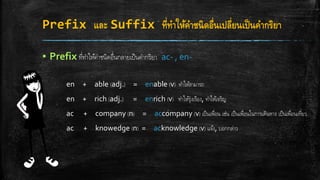 Prefix และ Suffix ที่ทาให้คาชนิดอื่นเปลี่ยนเป็นคากริยา
▪ Prefix ที่ทาให้คาชนิดอื่นกลายเป็นคากริยา ac- , en-
en + able (adj.) = enable (v) ทาให้สามารถ
en + rich (adj.) = enrich (v) ทาให้รุ่งเรือง, ทาให้เจริญ
ac + company (n) = accompany (v) เป็นเพื่อน เช่น เป็นเพื่อนในการเดินทาง เป็นเพื่อนเที่ยว
ac + knowedge (n) = acknowledge (v) แจ้ง, บอกกล่าว
 