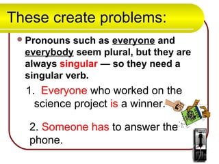 These create problems:
Pronouns such as everyone and
everybody seem plural, but they are
always singular — so they need a
singular verb.
1. Everyone who worked on the
science project is a winner.
2. Someone has to answer the
phone.
 