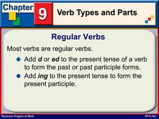 Business English at Work
Verb Types and Parts
Regular Verbs
PP 9-10a
Most verbs are regular verbs.
Add d or ed to the present tense of a verb
to form the past or past participle forms.
Add ing to the present tense to form the
present participle.
 