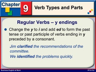Business English at Work
Verb Types and Parts
Regular Verbs – y endings
PP 9-11a
Change the y to i and add ed to form the past
tense or past participle of verbs ending in y
preceded by a consonant.
Jim clarified the recommendations of the
committee.
We identified the problems quickly.
 