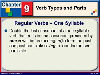 Business English at Work
Verb Types and Parts
Regular Verbs – One Syllable
PP 9-12a
Double the last consonant of a one-syllable
verb that ends in one consonant preceded by
one vowel before adding ed to form the past
and past participle or ing to form the present
participle.
 