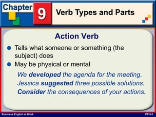 Business English at Work
Verb Types and Parts
Tells what someone or something (the
subject) does
May be physical or mental
Action Verb
PP 9-3
We developed the agenda for the meeting.
Jessica suggested three possible solutions.
Consider the consequences of your actions.
 