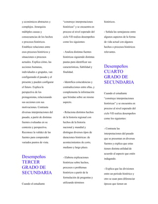 y económicos abstractos y
complejos. Jerarquiza
múltiples causas y
consecuencias de los hechos
o procesos históricos.
Establece relaciones entre
esos procesos históricos y
situaciones o procesos
actuales. Explica cómo, las
acciones humanas,
individuales o grupales, van
configurando el pasado y el
presente y pueden configurar
el futuro. Explica la
perspectiva de los
protagonistas, relacionando
sus acciones con sus
motivaciones. Contrasta
diversas interpretaciones del
pasado, a partir de distintas
fuentes evaluadas en su
contexto y perspectiva.
Reconoce la validez de las
fuentes para comprender
variados puntos de vista.
Desempeños
TERCER
GRADO DE
SECUNDARIA
Cuando el estudiante
“construye interpretaciones
históricas” y se encuentra en
proceso al nivel esperado del
ciclo VII realiza desempeños
como los siguientes:
- Analiza distintas fuentes
históricas siguiendo distintas
pautas para identificar sus
características, fiabilidad y
finalidad.
- Identifica coincidencias y
contradicciones entre ellas, y
complementa la información
que brindan sobre un mismo
aspecto.
- Relaciona distintos hechos
de la historia regional con
hechos de la historia
nacional y mundial y
distingue diversos tipos de
duraciones históricas: de
acontecimientos de corto,
mediano y largo plazo.
- Elabora explicaciones
históricas sobre hechos,
procesos o problemas
históricos a partir de la
formulación de preguntas y
utilizando términos
históricos.
- Señala las semejanzas entre
algunos aspectos de la forma
de vida actual con algunos
hechos o procesos históricos
relevantes.
Desempeños
CUARTO
GRADO DE
SECUNDARIA
Cuando el estudiante
“construye interpretaciones
históricas” y se encuentra en
proceso al nivel esperado del
ciclo VII realiza desempeños
como los siguientes:
- Contrasta las
interpretaciones del pasado
que se presentan en diversas
fuentes y explica que estas
tienen distinta utilidad de
acuerdo al aspecto que estén
indagando.
- Explica que las divisiones
entre un periodo histórico y
otro se usan para diferenciar
épocas que tienen un
 