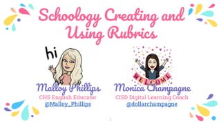 Schoology Creating and
Using Rubrics
1
Malloy Phillips
CHS English Educator
@Malloy_Phillips
Monica Champagne
CISD Digital Learning Coach
@dollarchampagne
 