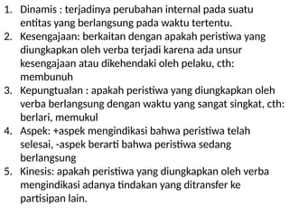 1. Dinamis : terjadinya perubahan internal pada suatu
entitas yang berlangsung pada waktu tertentu.
2. Kesengajaan: berkaitan dengan apakah peristiwa yang
diungkapkan oleh verba terjadi karena ada unsur
kesengajaan atau dikehendaki oleh pelaku, cth:
membunuh
3. Kepungtualan : apakah peristiwa yang diungkapkan oleh
verba berlangsung dengan waktu yang sangat singkat, cth:
berlari, memukul
4. Aspek: +aspek mengindikasi bahwa peristiwa telah
selesai, -aspek berarti bahwa peristiwa sedang
berlangsung
5. Kinesis: apakah peristiwa yang diungkapkan oleh verba
mengindikasi adanya tindakan yang ditransfer ke
partisipan lain.
 
