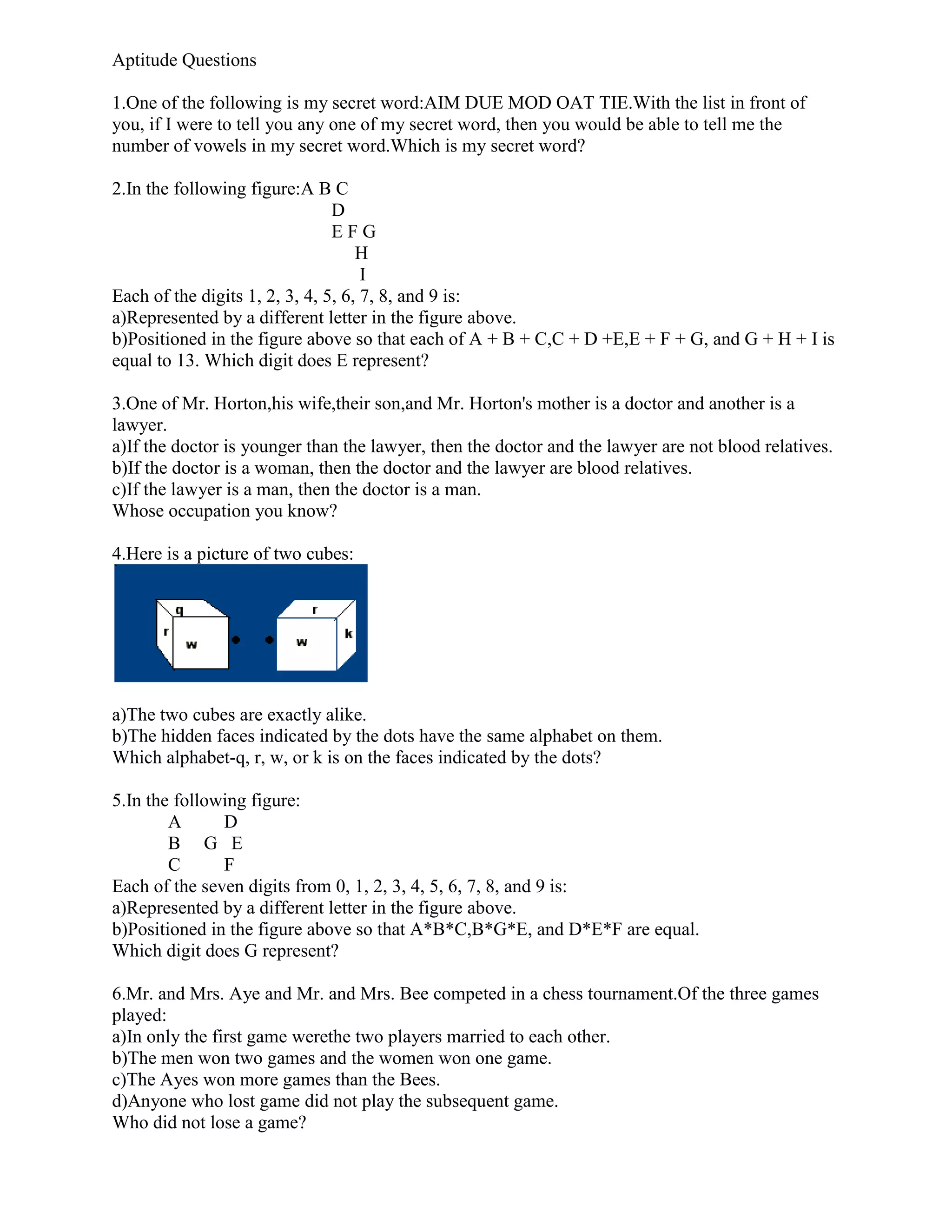 Aptitude Questions
1.One of the following is my secret word:AIM DUE MOD OAT TIE.With the list in front of
you, if I were to tell you any one of my secret word, then you would be able to tell me the
number of vowels in my secret word.Which is my secret word?
2.In the following figure:A B C
D
E F G
H
I
Each of the digits 1, 2, 3, 4, 5, 6, 7, 8, and 9 is:
a)Represented by a different letter in the figure above.
b)Positioned in the figure above so that each of A + B + C,C + D +E,E + F + G, and G + H + I is
equal to 13. Which digit does E represent?
3.One of Mr. Horton,his wife,their son,and Mr. Horton's mother is a doctor and another is a
lawyer.
a)If the doctor is younger than the lawyer, then the doctor and the lawyer are not blood relatives.
b)If the doctor is a woman, then the doctor and the lawyer are blood relatives.
c)If the lawyer is a man, then the doctor is a man.
Whose occupation you know?
4.Here is a picture of two cubes:
a)The two cubes are exactly alike.
b)The hidden faces indicated by the dots have the same alphabet on them.
Which alphabet-q, r, w, or k is on the faces indicated by the dots?
5.In the following figure:
A D
B G E
C F
Each of the seven digits from 0, 1, 2, 3, 4, 5, 6, 7, 8, and 9 is:
a)Represented by a different letter in the figure above.
b)Positioned in the figure above so that A*B*C,B*G*E, and D*E*F are equal.
Which digit does G represent?
6.Mr. and Mrs. Aye and Mr. and Mrs. Bee competed in a chess tournament.Of the three games
played:
a)In only the first game werethe two players married to each other.
b)The men won two games and the women won one game.
c)The Ayes won more games than the Bees.
d)Anyone who lost game did not play the subsequent game.
Who did not lose a game?
 