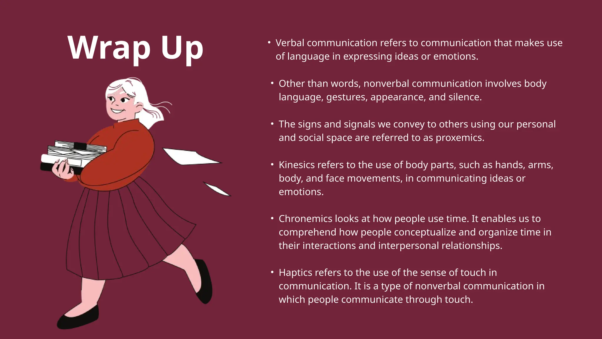 Wrap Up • Verbal communication refers to communication that makes use
of language in expressing ideas or emotions.
• Other than words, nonverbal communication involves body
language, gestures, appearance, and silence.
• The signs and signals we convey to others using our personal
and social space are referred to as proxemics.
• Kinesics refers to the use of body parts, such as hands, arms,
body, and face movements, in communicating ideas or
emotions.
• Chronemics looks at how people use time. It enables us to
comprehend how people conceptualize and organize time in
their interactions and interpersonal relationships.
• Haptics refers to the use of the sense of touch in
communication. It is a type of nonverbal communication in
which people communicate through touch.
 