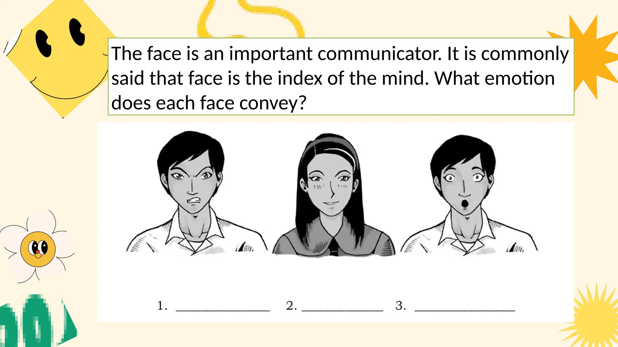 The face is an important communicator. It is commonly
said that face is the index of the mind. What emotion
does each face convey?
 