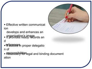  Effective written communicat
ion
develops and enhances an
organization’s image
 It provides ready records an
d
referenc...