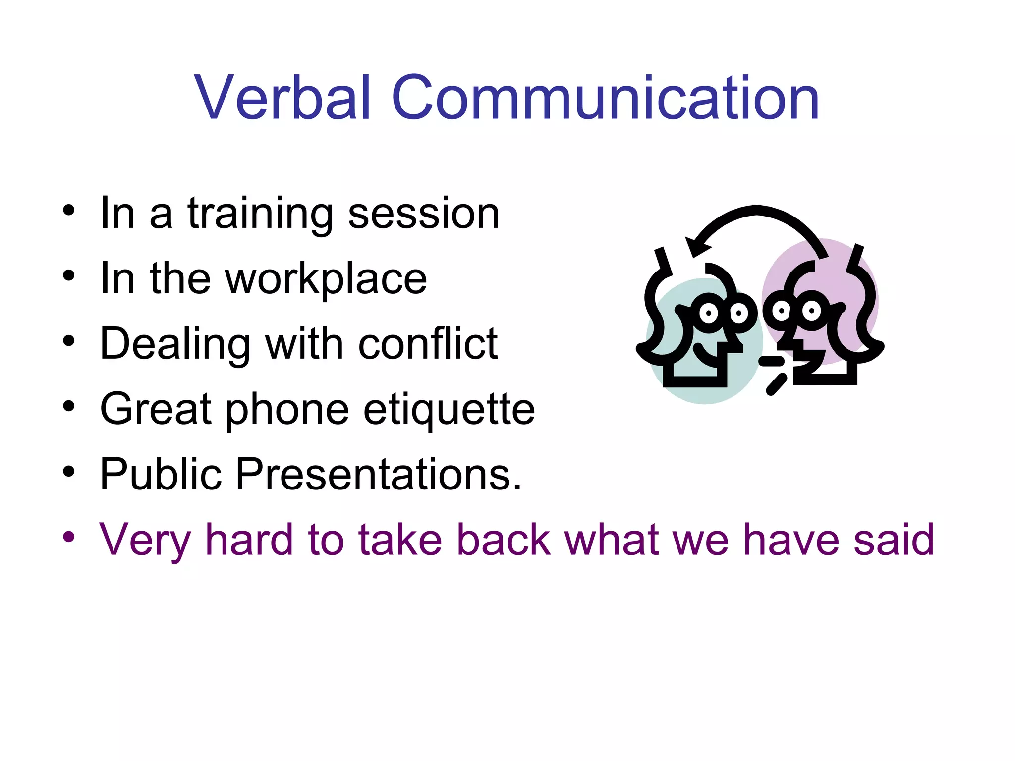 Verbal Communication In a training session In the workplace Dealing with conflict Great phone etiquette Public Presentations. Very hard to take back what we have said   