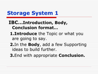 Storage System 1 IBC… Introduction, Body, Conclusion format… 1.Introduce  the Topic or what you are going to say. 2. In the  Body , add a few Supporting ideas to build further. 3. End with appropriate  Conclusion. 