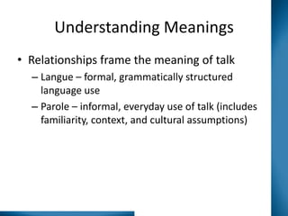 Understanding Meanings
• Relationships frame the meaning of talk
– Langue – formal, grammatically structured
language use
– Parole – informal, everyday use of talk (includes
familiarity, context, and cultural assumptions)

 