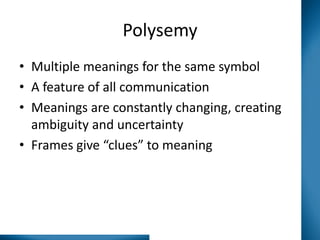 Polysemy
• Multiple meanings for the same symbol
• A feature of all communication
• Meanings are constantly changing, creating
ambiguity and uncertainty
• Frames give “clues” to meaning

 