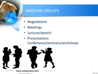 AMOUNG GROUPS
• Negotiations
• Meetings
• Lecture/speech
• Presentations
Conference/seminars/workshops
3/20/2014 7Gull Zareen
 