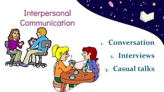 1. Conversation
2. Interviews
3. Casual talks
Interpersonal
Communication
 