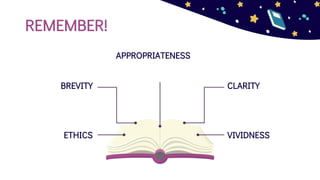 REMEMBER!
ETHICS VIVIDNESS
APPROPRIATENESS
BREVITY CLARITY
 