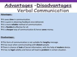 Advantages:-
It saves time in communication.
It is quick in obtaining feedback once delivered.
It is more reliable method of communication.
It is flexible & effective for all.
It is cheaper way of communication & hence saves money.
Disadvantages:-
This form of communication is not suitable for lengthy message.
It has issue when communicating with distant people.
There is chance of leak of Secret information, with the help of modern device.
It has no legal validity and hence will lead to problem in certain situation.
 