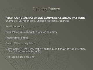Deborah TannenDeborah Tannen
HIGH CONSIDERATENESS CONVERSATIONAL PATTERNHIGH CONSIDERATENESS CONVERSATIONAL PATTERN
Examples: US Americans, Chinese, Koreans, JapaneseExamples: US Americans, Chinese, Koreans, Japanese
Avoid hot topicsAvoid hot topics
Turn-taking is important; 1 person at a timeTurn-taking is important; 1 person at a time
Interrupting is rude.Interrupting is rude.
Quiet: “Silence is golden”Quiet: “Silence is golden”
Listen politely, show interest by nodding, and show paying attentionListen politely, show interest by nodding, and show paying attention
by making sounds (or not)by making sounds (or not)
Hesitate before speakingHesitate before speaking
 