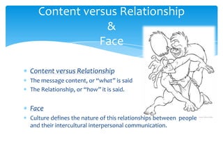 Content versus Relationship
&
Face
Content versus Relationship
The message content, or “what” is said
The Relationship, or “how” it is said.

Face
Culture defines the nature of this relationships between people
and their intercultural interpersonal communication.

 