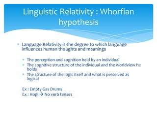 Linguistic Relativity : Whorfian
hypothesis
Language Relativity is the degree to which language
influences human thoughts and meanings
The perception and cognition held by an individual
The cognitive structure of the individual and the worldview he
holds
The structure of the logic itself and what is perceived as
logical
Ex : Empty Gas Drums
Ex : Hopi  No verb tenses

 