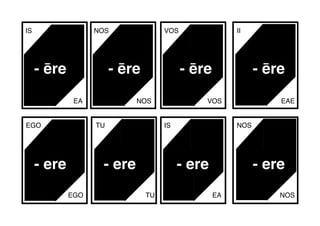 IS
EA
- ēre - ēre
NOS
NOS
VOS
VOS
EGO
EAE
- ēre - ēre
II
EGO
- ere
TU
TU
- ere
IS
EA
NOS
NOS
- ere - ere
 