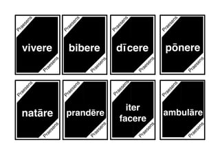 Praesens
Praesens
Praesens
Praesens
Praesens
Praesens
Praesens
Praesens
Praesens
dīcere
natāre prandēre
iter
facere
ambulāre
bibere
Praesens
Praesens
Praesens
pōnere
Praesens
Praesens
Praesens
Praesens
vivere
 