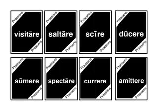 Praesens
Praesens
Praesens
Praesens
Praesens
Praesens
Praesens
Praesens
Praesens
scīre
sūmere spectāre amittere
saltāre
Praesens
Praesens
Praesens
dūcere
Praesens
Praesens
Praesens
visitāre
currere
Praesens
 