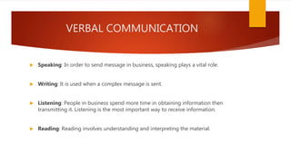 VERBAL COMMUNICATION
 Speaking: In order to send message in business, speaking plays a vital role.
 Writing: It is used when a complex message is sent.
 Listening: People in business spend more time in obtaining information then
transmitting it. Listening is the most important way to receive information.
 Reading: Reading involves understanding and interpreting the material.
 