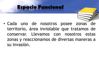IndicadoresIndicadores: Son las formas en que los individuos ponen señales en cierto espacio o territorio que les pertenece de alguna manera.Indicadores céntricos: Son objetos que las personas usan para indicar que cierto espacio les pertenece.Indicadores periféricos Son formas de delimitar un territorio y separarlo de otras personas o gruposIndicadores de sello: se refiere a sellos o marcadores puestos en un objeto o territorio que indican la titularidad de este.