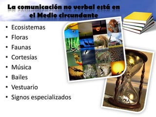 La comunicación no verbal está en el Medio circundanteEcosistemasFlorasFaunasCortesíasMúsicaBailesVestuarioSignos especializados