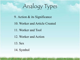 Analogy Types
9. Action & its Significance
10. Worker and Article Created
11. Worker and Tool
12. Worker and Action
13. Sex
14. Symbol
 