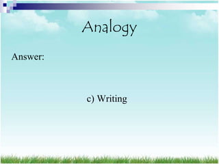 Analogy
Answer:



          c) Writing
 