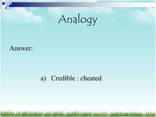 Analogy

Answer:



          a) Credible : cheated
 