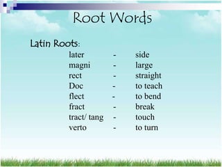 Root Words
Latin Roots:
         later         -   side
         magni         -   large
         rect          -   straight
         Doc           -   to teach
         flect         -   to bend
         fract         -   break
         tract/ tang   -   touch
         verto         -   to turn
 