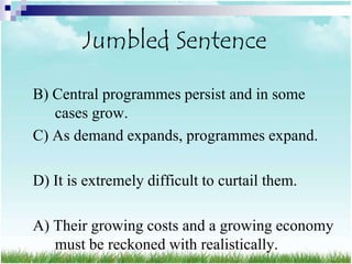 Jumbled Sentence

B) Central programmes persist and in some
   cases grow.
C) As demand expands, programmes expand.

D) It is extremely difficult to curtail them.

A) Their growing costs and a growing economy
   must be reckoned with realistically.
 