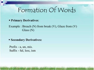 Formation Of Words
 Primary Derivatives:
Example : Breach (N) from break (V), Glaze from (V)
          Glass (N)


 Secondary Derivatives:

Prefix - a, un, mis.
Suffix - ful, less, ism
 
