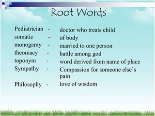 Root Words
Pediatrician    -    doctor who treats child
somatic         -    of body
monogamy        -    married to one person
theomacy       -     battle among god
toponym        -     word derived from name of place
Sympathy       -     Compassion for someone else‟s
                     pain
Philosophy -         love of wisdom
 